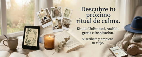 Banner promocional de La Biblioteca Secreta con un Kindle, una taza de té, una vela encendida y un libro abierto en un ambiente Cottagecore.