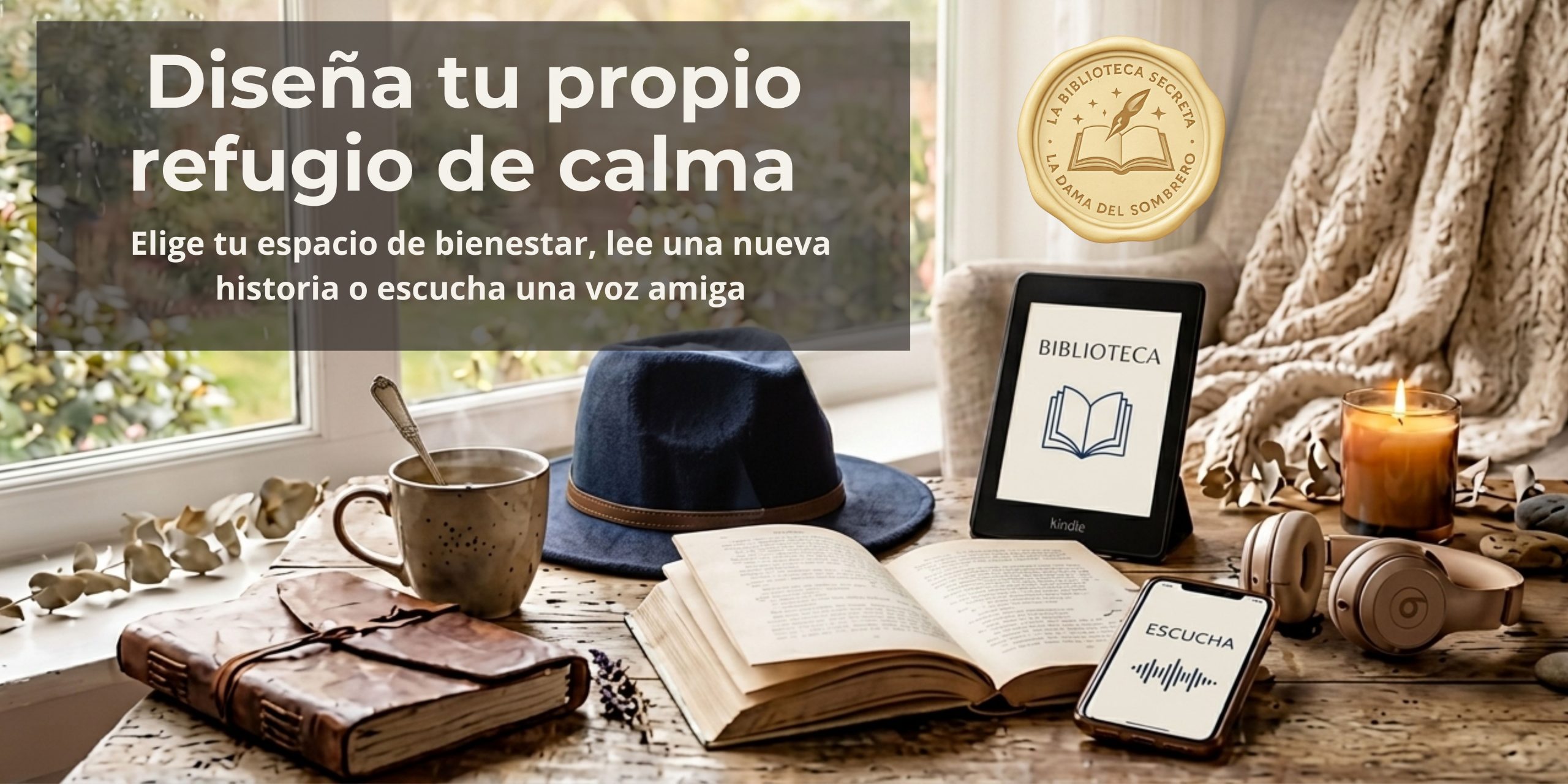 Rincon de lectura acogedor estilo cottagecore junto a una ventana con un libro abierto, una taza humeante con una cuchara, un sombrero azul, un libro electronico Kindle, unos auriculares y un telefono movil. Incluye el texto "Diseña tu propio refugio de calma. Elige tu espacio de bienestar, lee una nueva historia o escucha una voz amiga" y el sello de La Biblioteca Secreta.