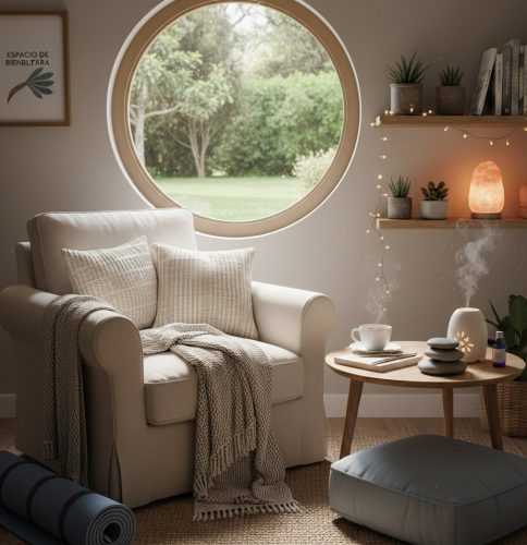 Rincón de meditación y bienestar en casa con un sillón beige, difusor de aceites esenciales, lámpara de sal y una ventana circular con vistas al jardín.