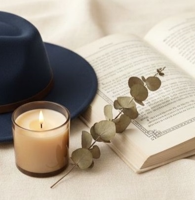 Primer plano de una vela encendida en un vaso de cristal junto a un libro abierto, una rama de eucalipto seco y un sombrero de fieltro azul oscuro.