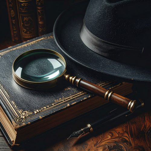 Lupa antigua con mango de madera sobre un libro de cuero oscuro, acompañada de un sombrero fedora negro y una pluma estilográfica.