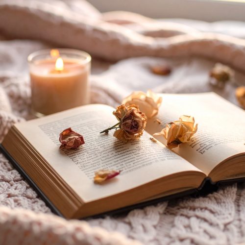 Un libro abierto sobre una manta de lana gruesa, decorado con rosas secas y una vela encendida al fondo creando una luz cálida.