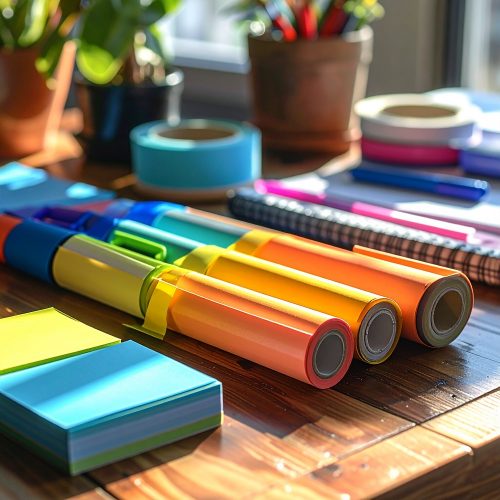 Escritorio de madera con materiales de papelería organizados, incluyendo rollos de papel de colores vibrantes, notas adhesivas y cuadernos bajo luz natural.