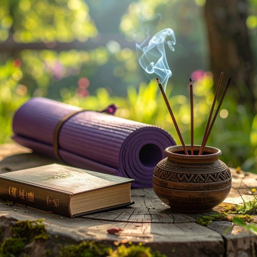 Una esterilla de yoga enrollada junto a un libro y un cuenco con incienso humeante, con un paisaje de montañas al atardecer de fondo.