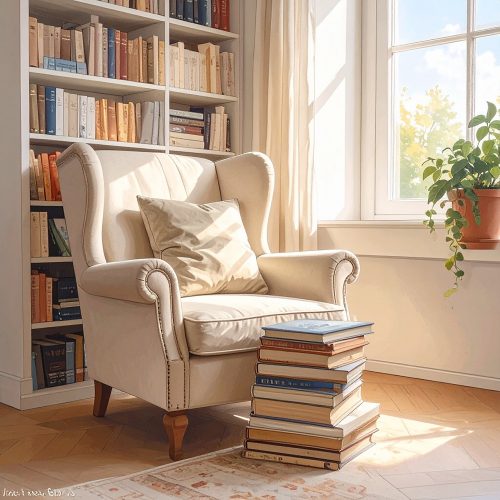Sillón orejero color crema junto a una ventana soleada, con una pila de libros antiguos en el suelo y una estantería al fondo.